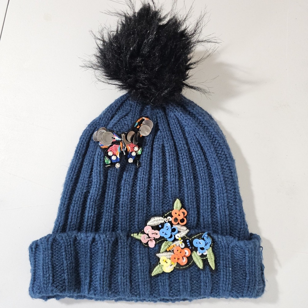 Tabitha Webb Wool Blend Embellished Butterfly Kniited Pom Pom Stocking Hat‎